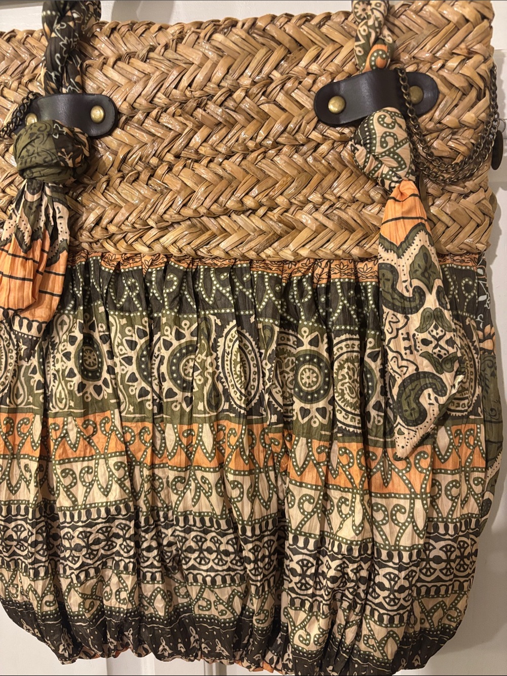 Sun N Sand like new Woven Straw and Olive Green Patterned Handbag - Picture 7 of 9